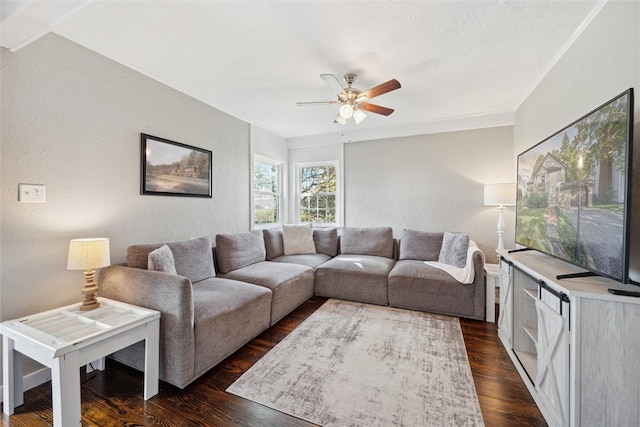 living room with ceiling fan and dark wood-type flooring