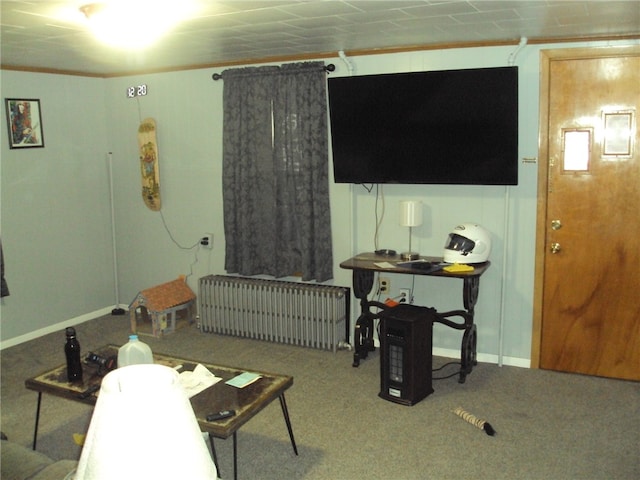 living room featuring carpet floors, radiator, and crown molding