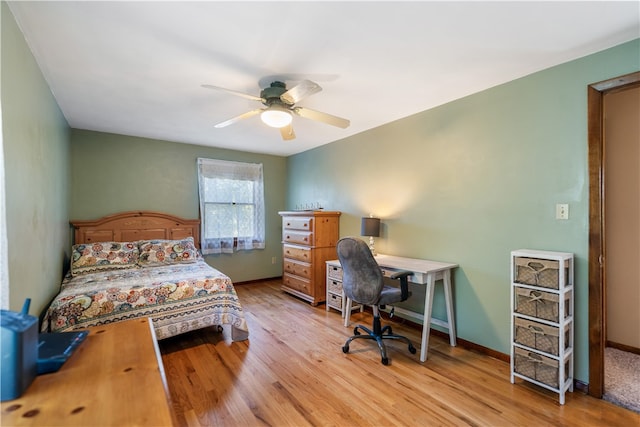 bedroom featuring ceiling fan and light hardwood / wood-style flooring