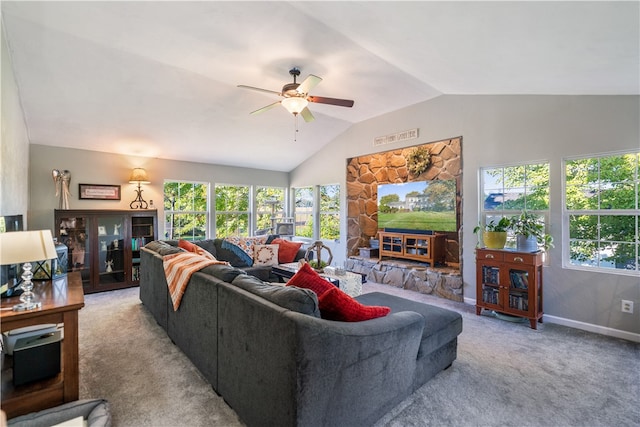 carpeted living room featuring lofted ceiling and ceiling fan