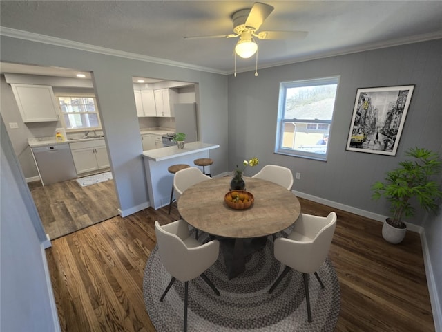 dining space with crown molding, ceiling fan, sink, and dark hardwood / wood-style floors