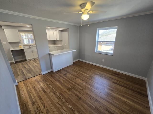 kitchen with ceiling fan, dark wood-type flooring, sink, crown molding, and white cabinetry