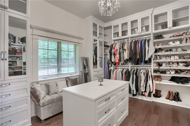 spacious closet featuring dark hardwood / wood-style floors and a chandelier