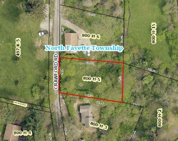 1611 Crawford Rd, North Fayette, PA 15126 - aerial map of property and surrounding area featuring property parcel outlined