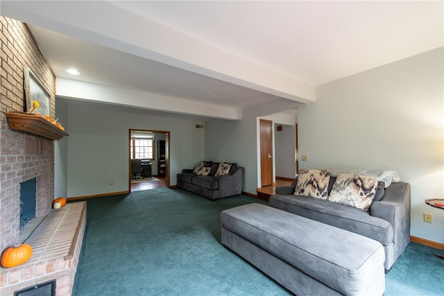 living room with a brick fireplace, beam ceiling, and carpet