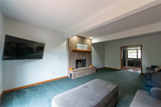 carpeted living room featuring a brick fireplace and beam ceiling