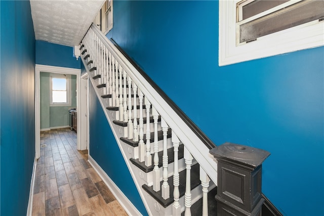 stairway featuring hardwood / wood-style flooring