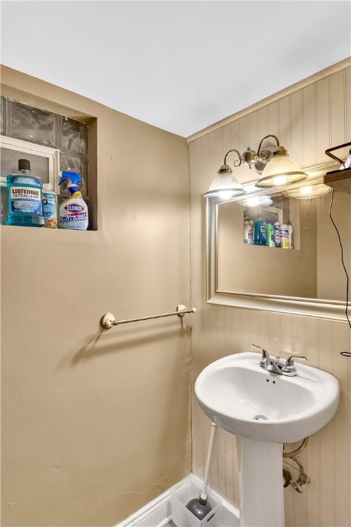 bathroom with wood walls