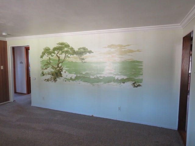 unfurnished room featuring carpet floors and crown molding