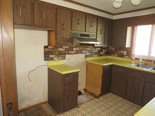 kitchen featuring decorative backsplash, sink, and crown molding