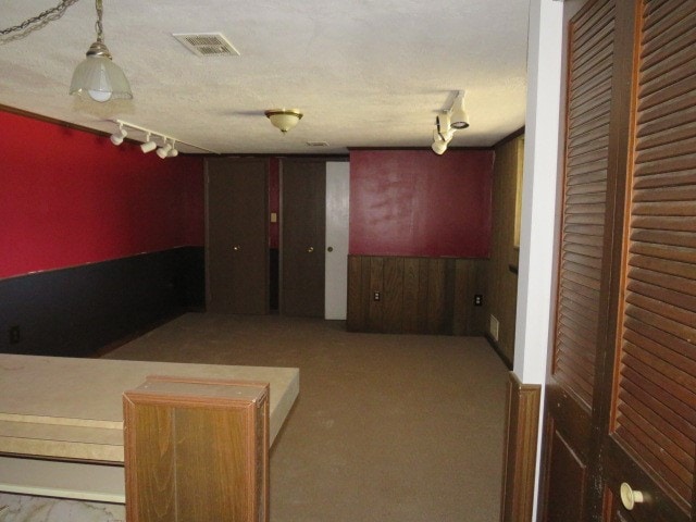 basement featuring wooden walls and track lighting