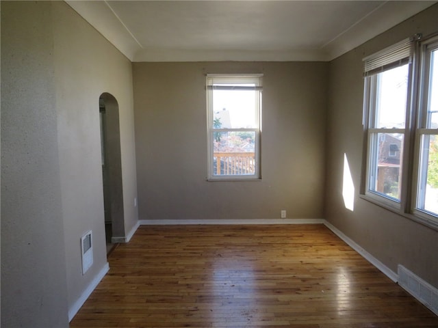 spare room featuring ornamental molding and hardwood / wood-style floors