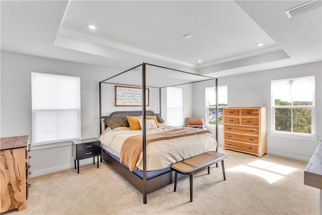 carpeted bedroom featuring a tray ceiling