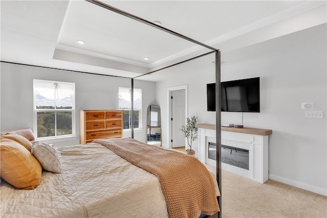 bedroom featuring a raised ceiling and light colored carpet