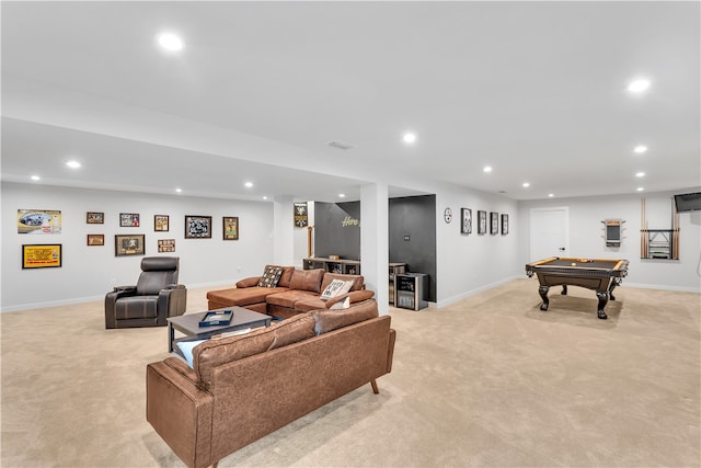 carpeted living room featuring billiards