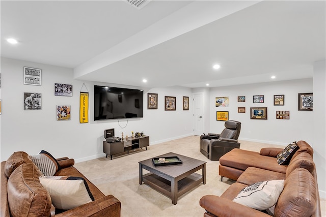 living room with light colored carpet