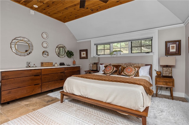 bedroom featuring ceiling fan, lofted ceiling, ornamental molding, and wooden ceiling