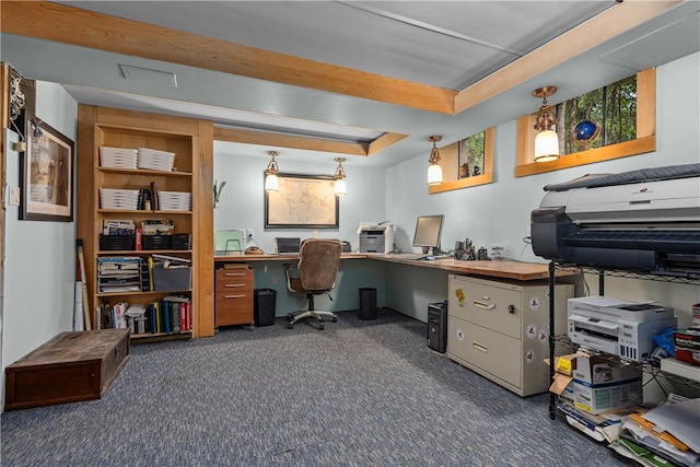 carpeted home office with built in desk