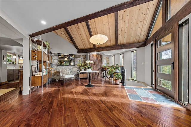 foyer with high vaulted ceiling, beam ceiling, hardwood / wood-style floors, and wooden ceiling