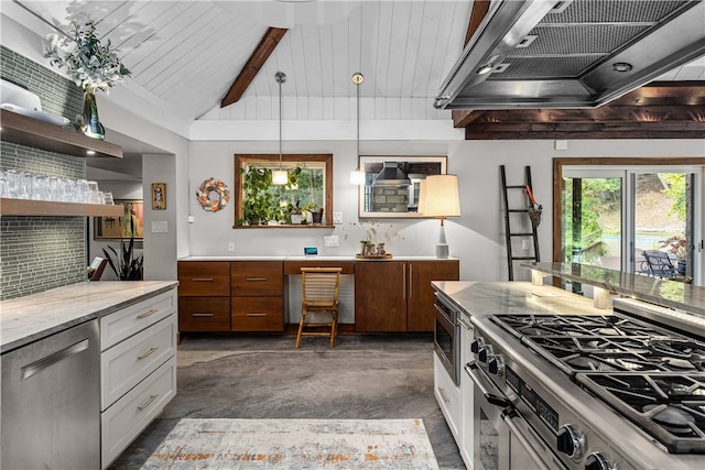 kitchen with wall chimney exhaust hood, lofted ceiling with beams, decorative light fixtures, stainless steel appliances, and white cabinets