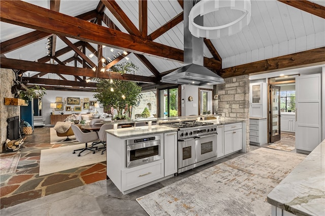 kitchen with high vaulted ceiling, island range hood, stainless steel appliances, and light stone countertops