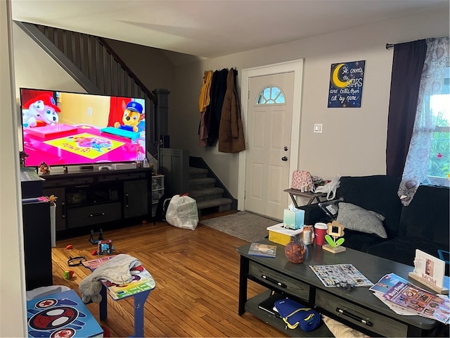 living room with wood-type flooring and a healthy amount of sunlight