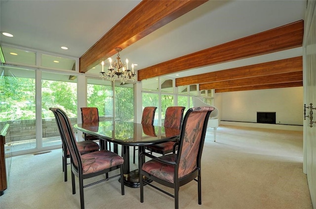 carpeted dining area with beamed ceiling, a chandelier, and recessed lighting