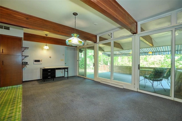 interior space with beamed ceiling, dark carpet, and baseboard heating