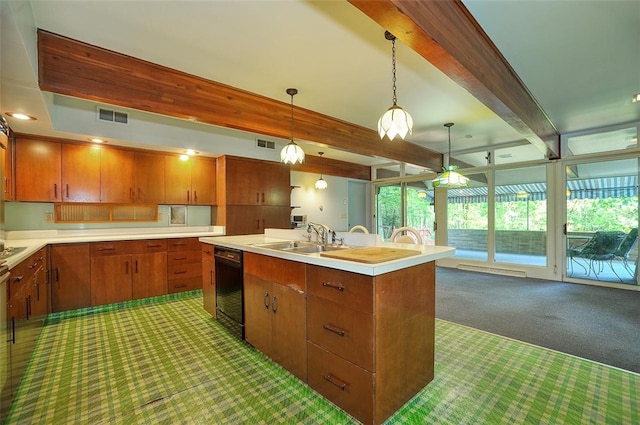 kitchen featuring an island with sink, dark colored carpet, pendant lighting, black dishwasher, and beam ceiling