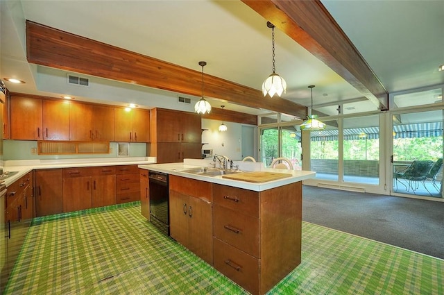 kitchen featuring carpet floors, a sink, black dishwasher, beam ceiling, and brown cabinetry