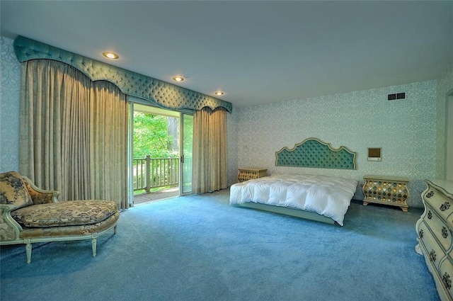bedroom with wallpapered walls, carpet flooring, and access to outside