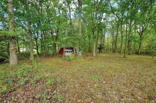 view of yard with an outdoor structure, a shed, and a wooded view