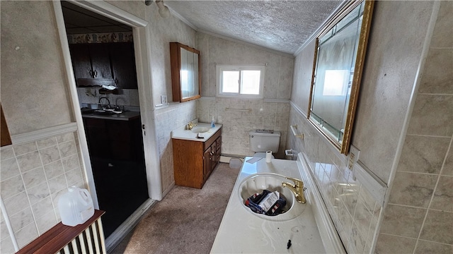 255-1 School Ave, Conemaugh Twp Som, PA 15937 - bathroom with a textured ceiling, vaulted ceiling, vanity, crown molding, and tile walls