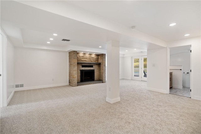 1205 Curry Rd, Sewickley Twp, PA 15083 - unfurnished living room featuring carpet, a fireplace, recessed lighting, and baseboards