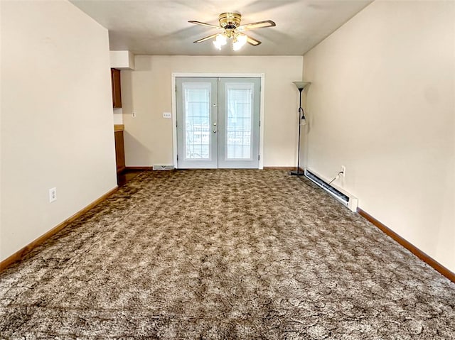 unfurnished room featuring ceiling fan, a baseboard radiator, french doors, and carpet