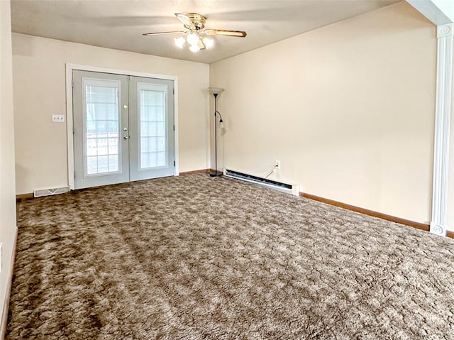 carpeted spare room featuring ceiling fan, a baseboard radiator, and french doors