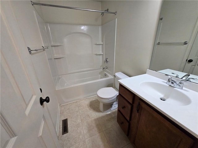 full bathroom with vanity, bathtub / shower combination, tile patterned floors, and toilet