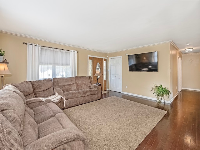 living room featuring dark hardwood / wood-style floors and ornamental molding