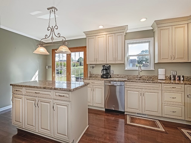 kitchen featuring dark hardwood / wood-style flooring, a wealth of natural light, decorative light fixtures, and dishwasher