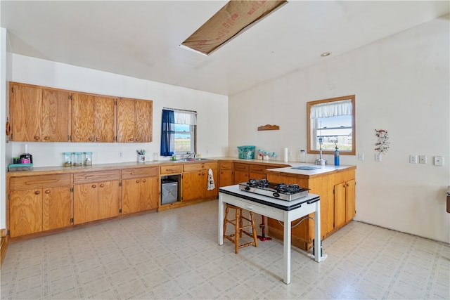 kitchen featuring kitchen peninsula, a healthy amount of sunlight, stainless steel gas cooktop, and sink