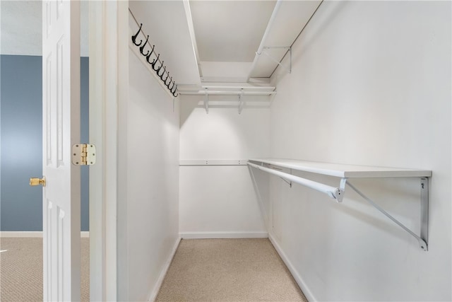 walk in closet with light carpet