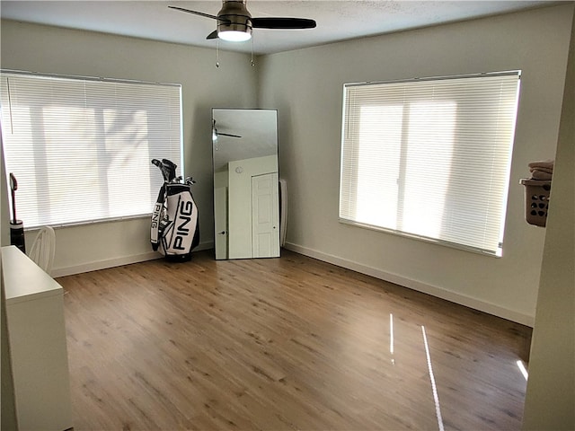 interior space with ceiling fan and hardwood / wood-style floors