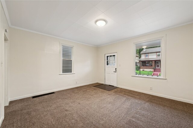 empty room featuring carpet floors and ornamental molding