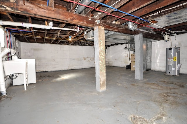 basement with electric water heater, sink, and washer / clothes dryer