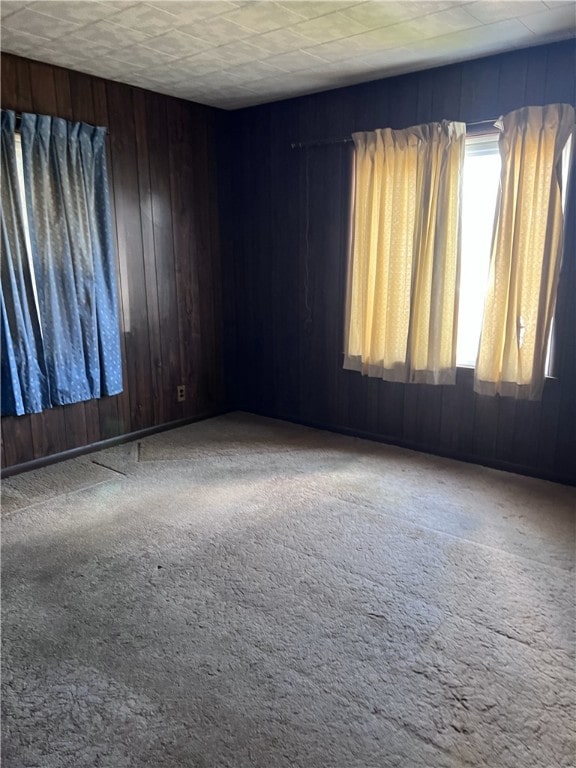 carpeted spare room featuring wooden walls