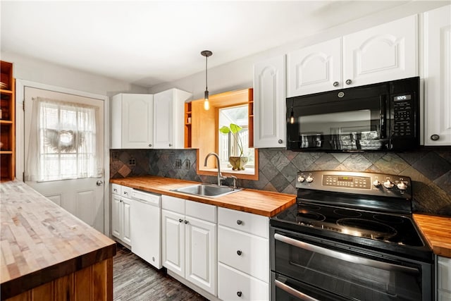 kitchen featuring butcher block counters, white cabinetry, stainless steel range with electric cooktop, hanging light fixtures, and dishwasher