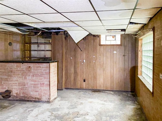 basement with wood walls and a drop ceiling