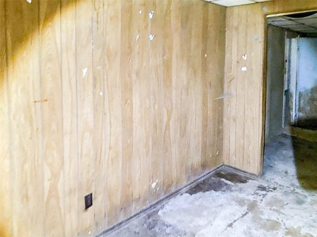 interior space with concrete flooring and wooden walls