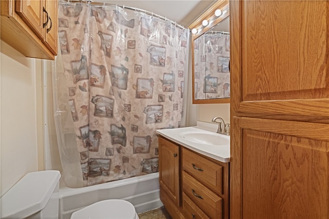 full bathroom with toilet, shower / tub combo, and vanity