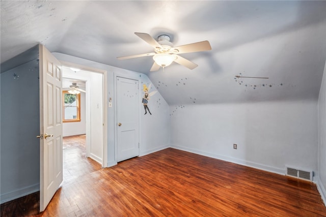 bonus room featuring hardwood / wood-style floors, ceiling fan, and vaulted ceiling